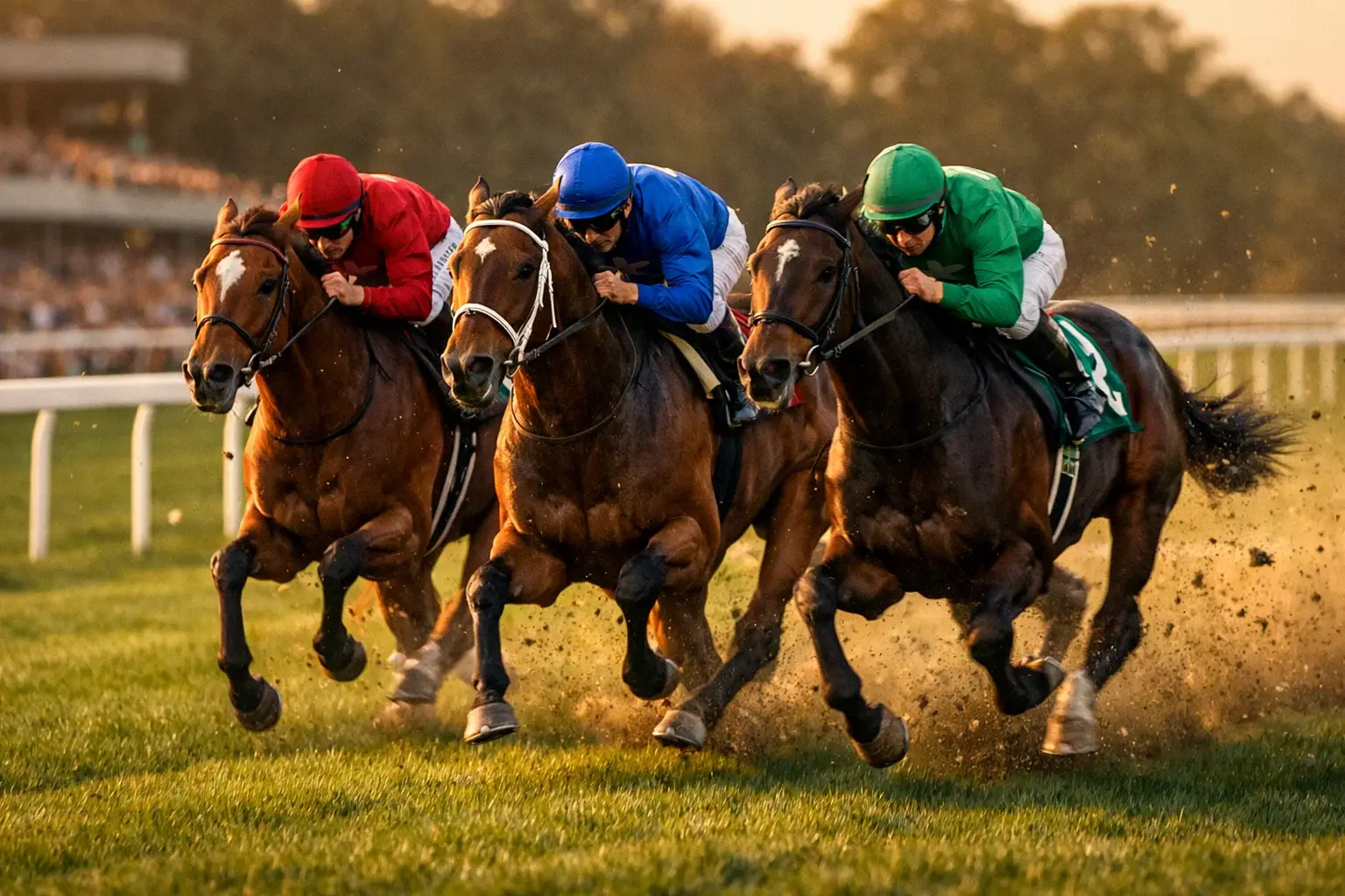 Galopprennen auf einer Rennbahn mit Jockeys im Wettkampf